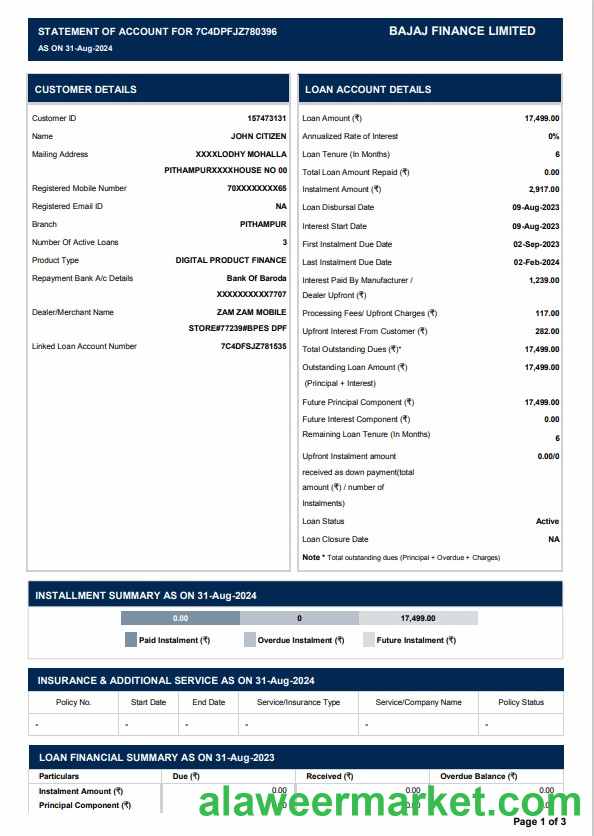 INDIA BAJAJ FINANCE LIMITED bank statement template, Word and PDF format